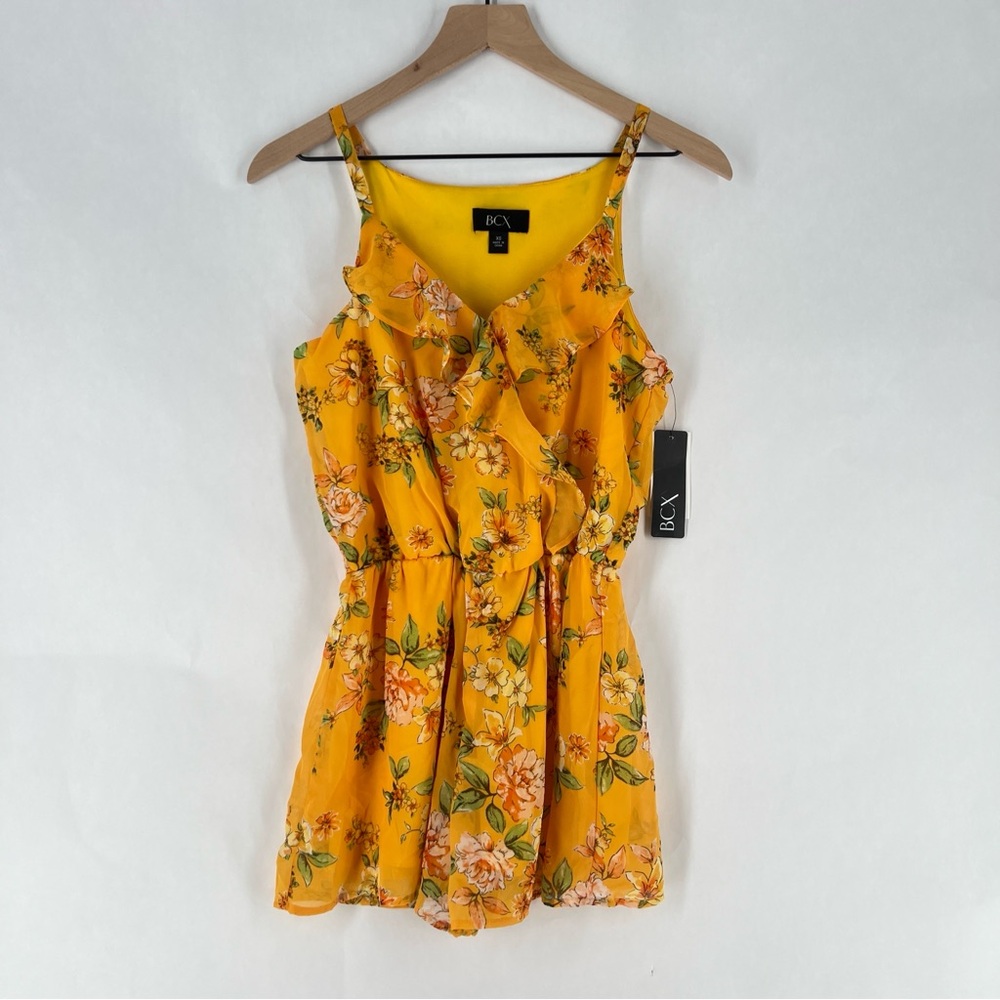 BCX Yellow Floral Lightweight Chiffon Ruffle Trim Faux‎ Wrap Romper NWT Size XS